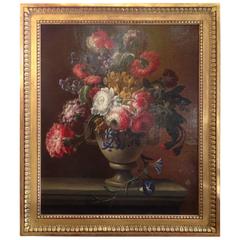 Oil on Canvas, 19th Century French School, Flowers on a Marble Ledge