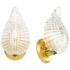 Murano Glass Leaf and Brass Wall Sconces