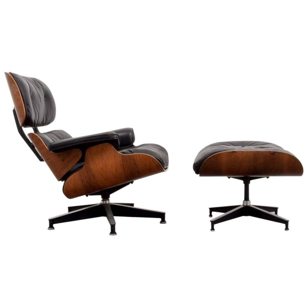 Eames Chair in Rosewood and Black Leather with Ottoman