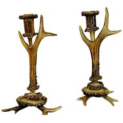 Two Antique Rustic Antler Candleholders