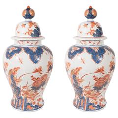  Pair Antique Delft Ginger Jars Imari Style