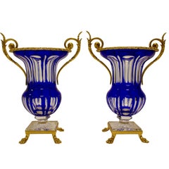 Pair of French Two-Handed Gilt-Metal Cobalt-Blue and Clear Crystal Faceted Vases