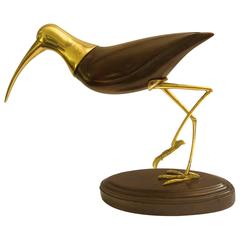1970s Italian Polished Brass and Solid Walnut Sandpiper Bird Sculpture