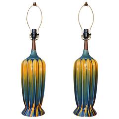 Dramatic Pair Teal and Yellow Fluted Ceramic Lamps