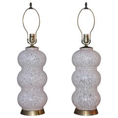 Pair Murano Mottled Pink and Clear Stacked Glass Table Lamps