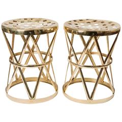 Vintage Pair of Brass Drum Form Stools with Cross Design Supports and Lattice Tops