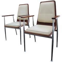 Pair of Ivory Vinyl and Plywood Armchairs