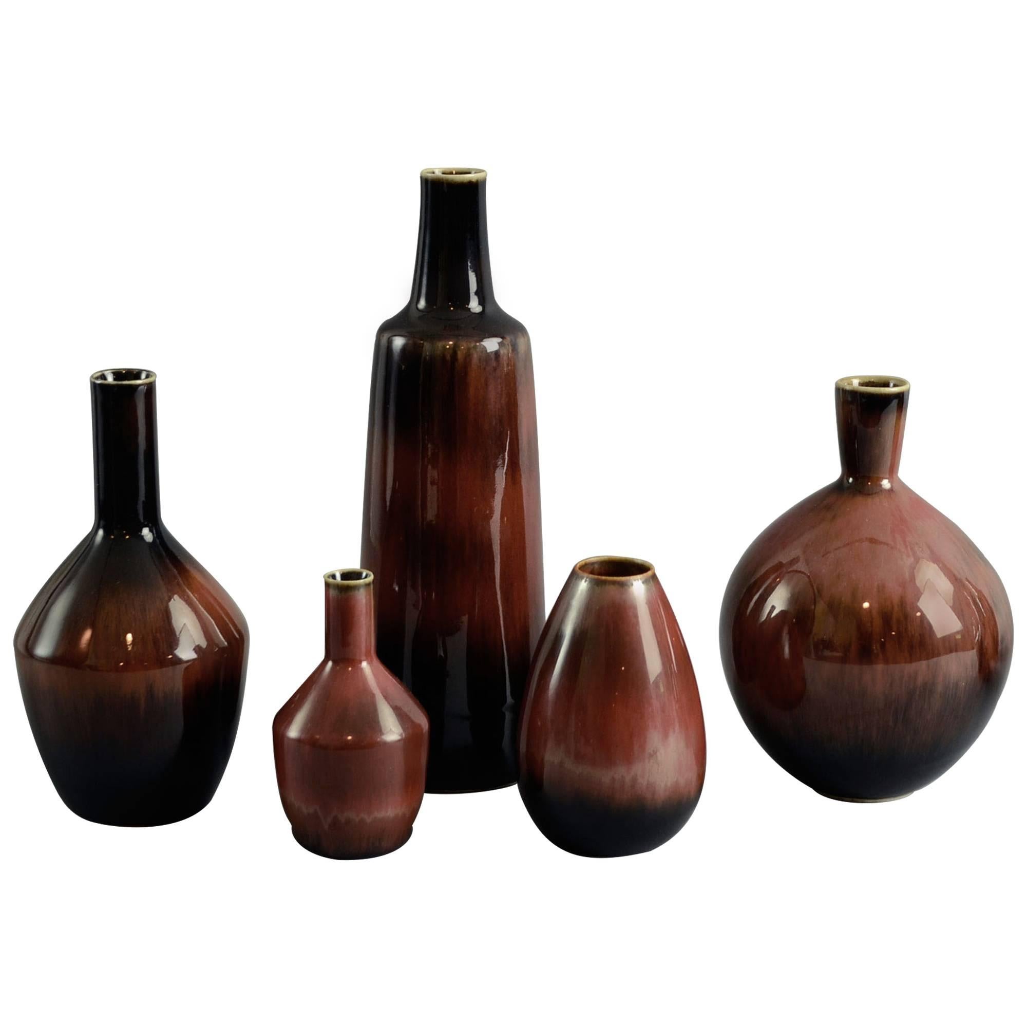 Five Vases with Glossy Brown Glaze by Carl Harry Stalhane for Rorstrand For Sale