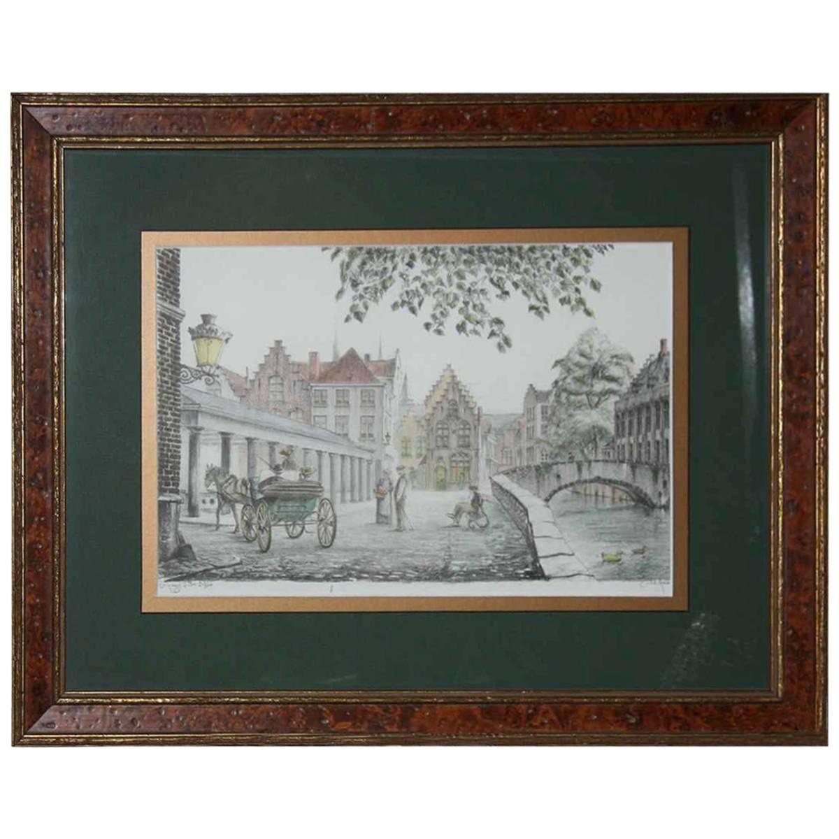 Late 1900s lithograph number and signed of scene in Belgium.
Custom frame  ( print )