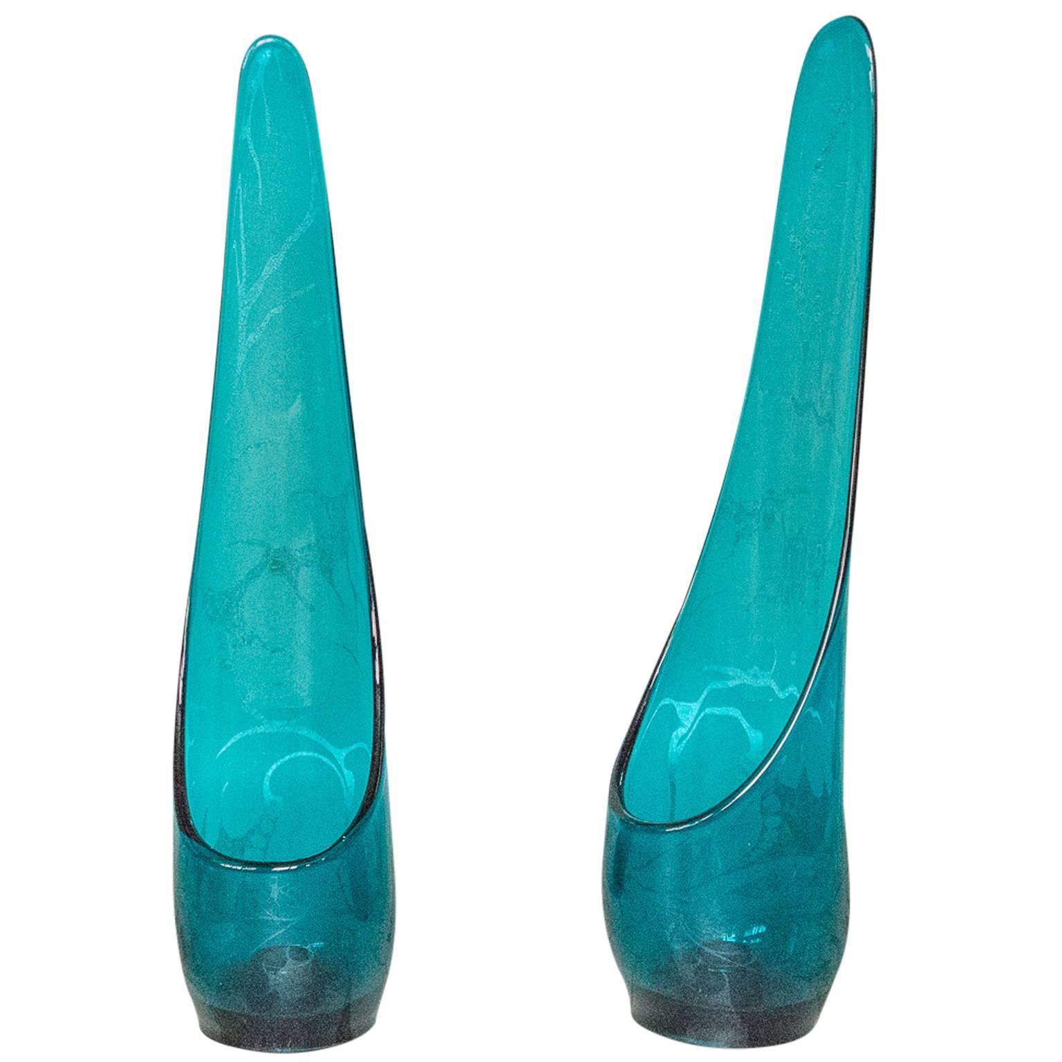 Pair of 1950s Teal Blue Glass Candlestick Holders
