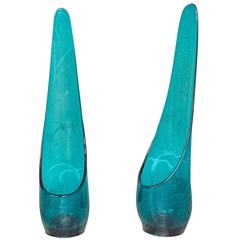 Pair of 1950s Teal Blue Glass Candlestick Holders