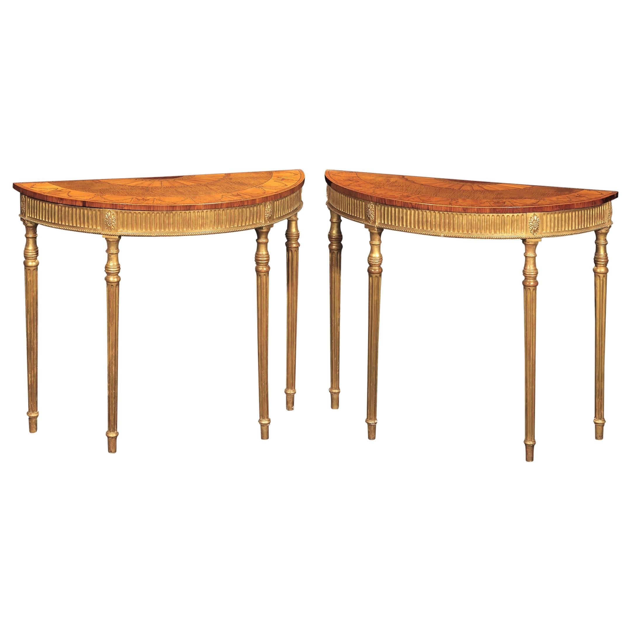 Fine Pair of George III Giltwood and Harewood Demilune Console Tables For Sale