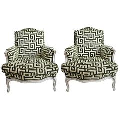 Pair of Antique Bergère Chairs in Cut Greek Key Silk Velvet