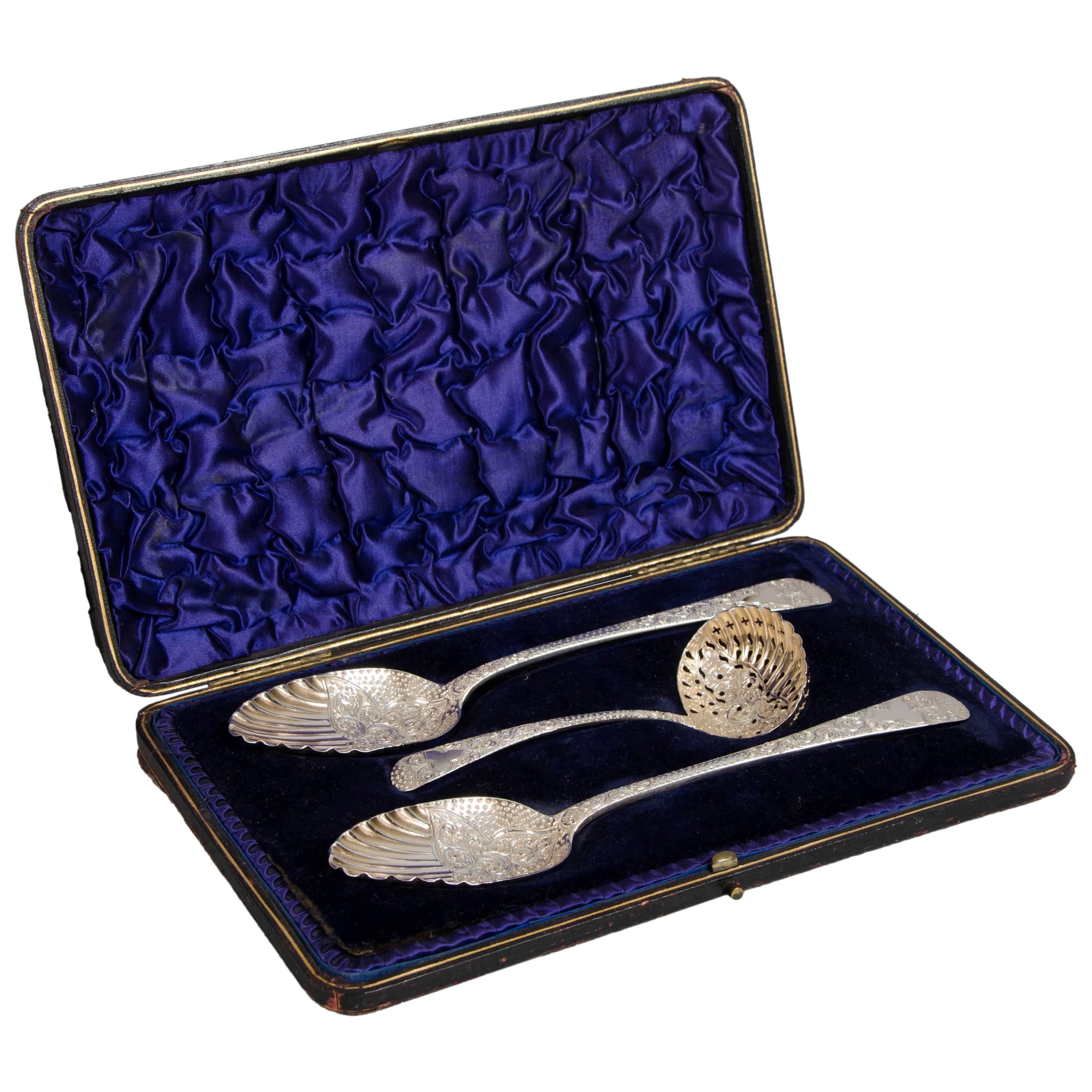 Three-Piece George III Berry Spoons with Sugar Sifter For Sale