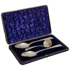 Antique Three-Piece George III Berry Spoons with Sugar Sifter