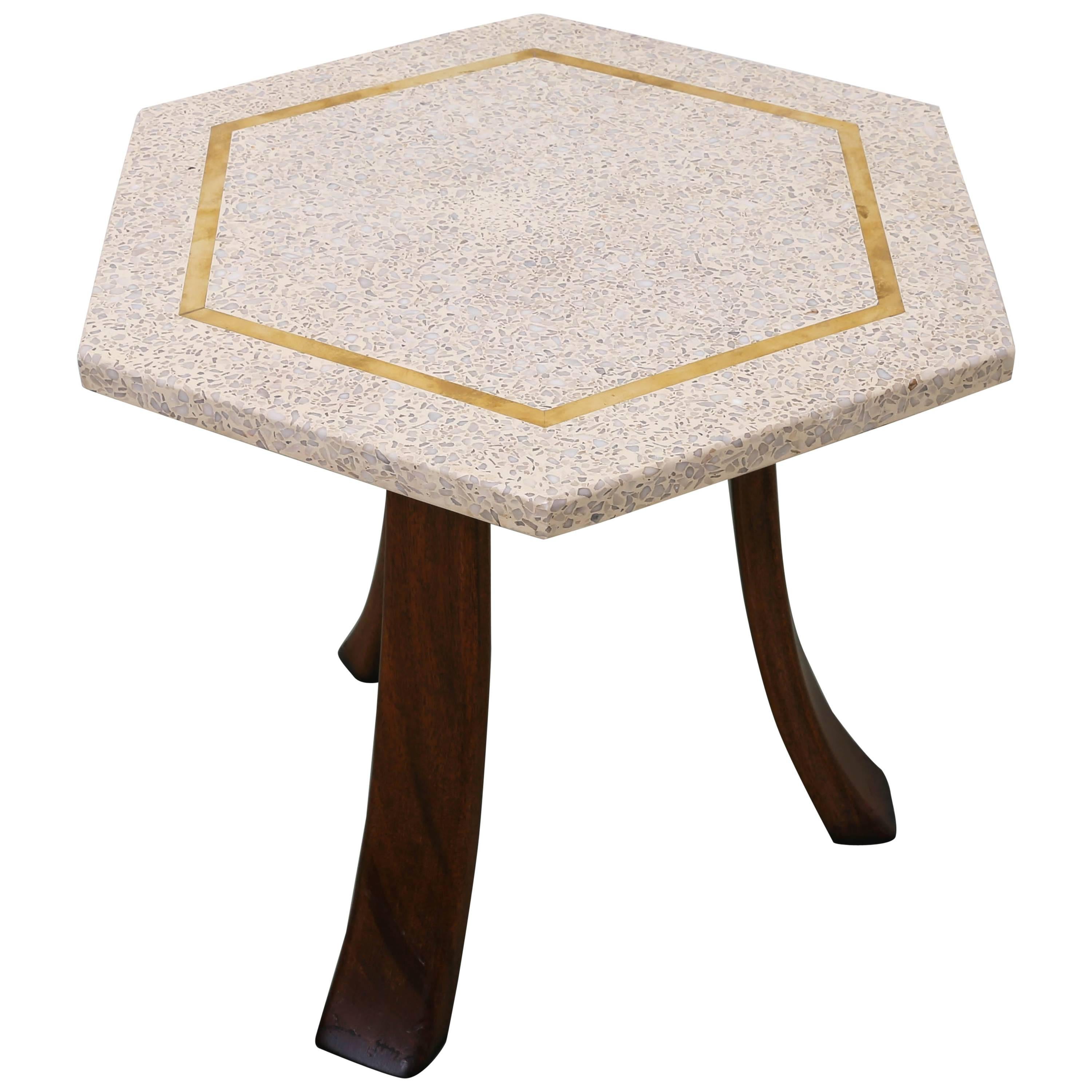 Hexagonal Terrazzo with Brass Inlaid Side Table by Harvey Probber
