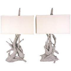 Pair of White-Washed Driftwood Table Lamps, American, 1950s-1960s