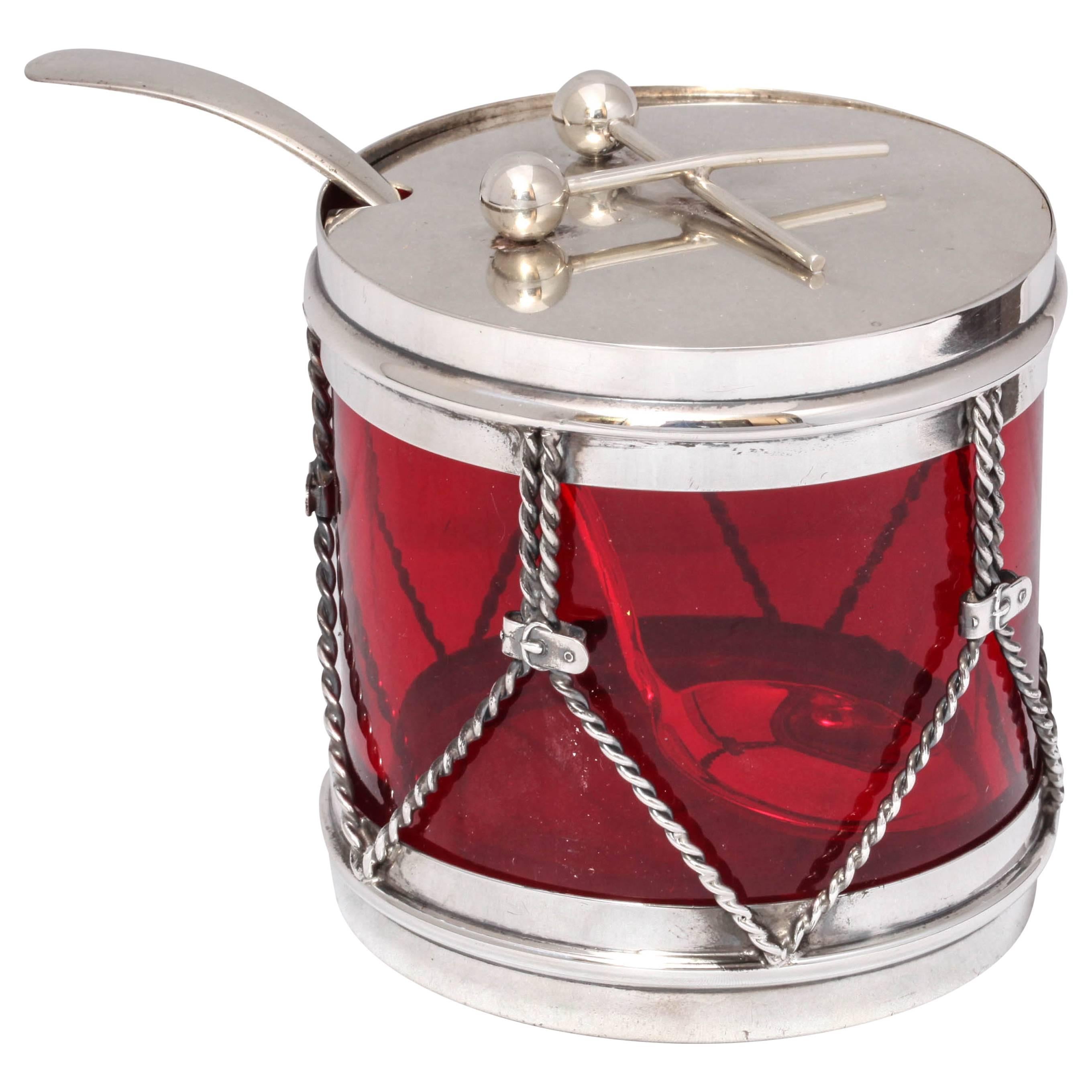 Art Deco Sterling Silver-Mounted Ruby Glass Drum-Form Condiments Jar with Spoon