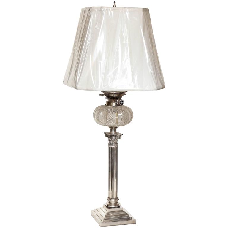 Tall Edwardian Silver Plated Electrified Corinthian Column Oil Lamp Tall Edwardian Silver Plated Electrified Corinthian Column Oil Lamp For