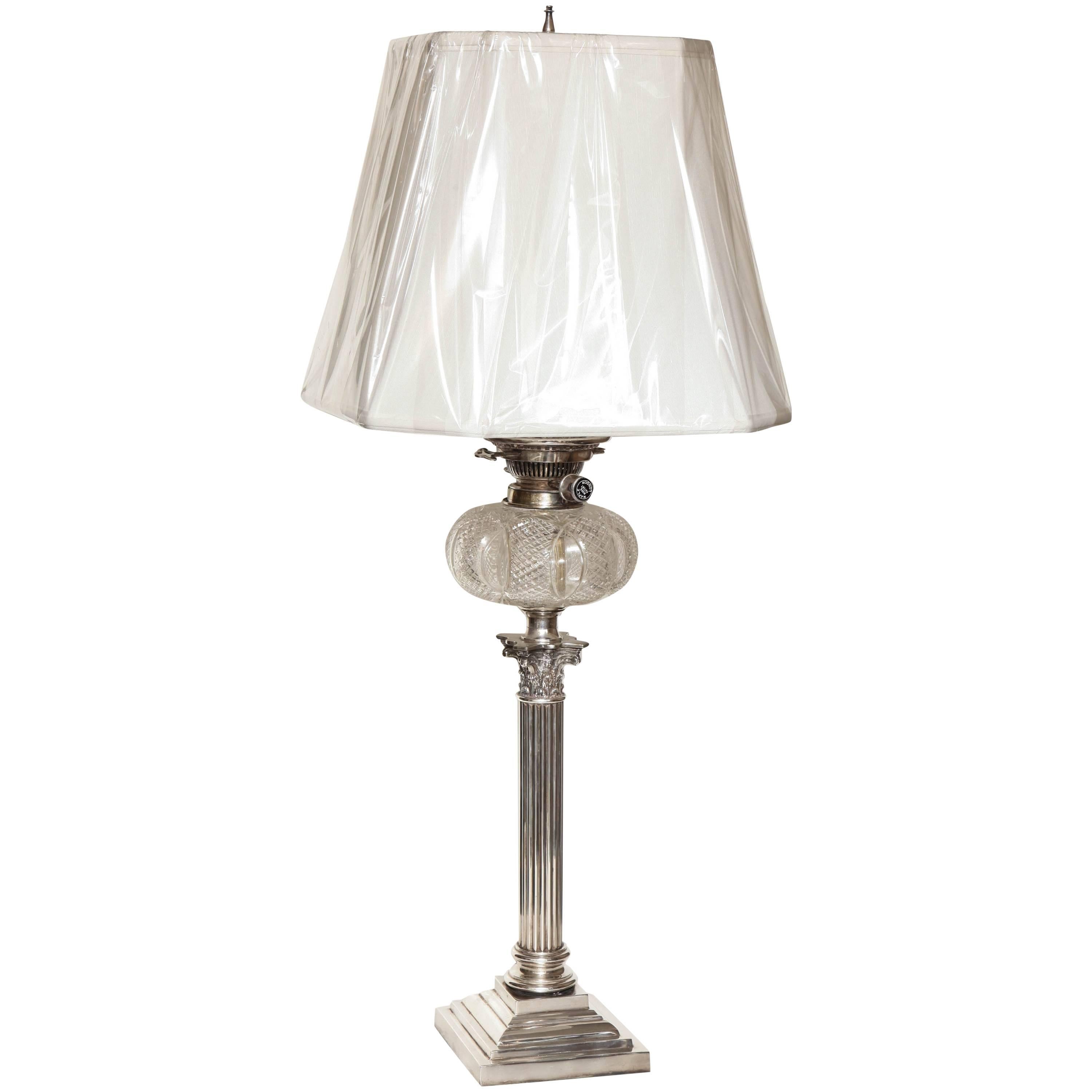 Tall Edwardian Silver Plated Electrified Corinthian Column Oil Lamp For Sale