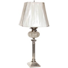Tall Edwardian Silver Plated Electrified Corinthian Column Oil Lamp