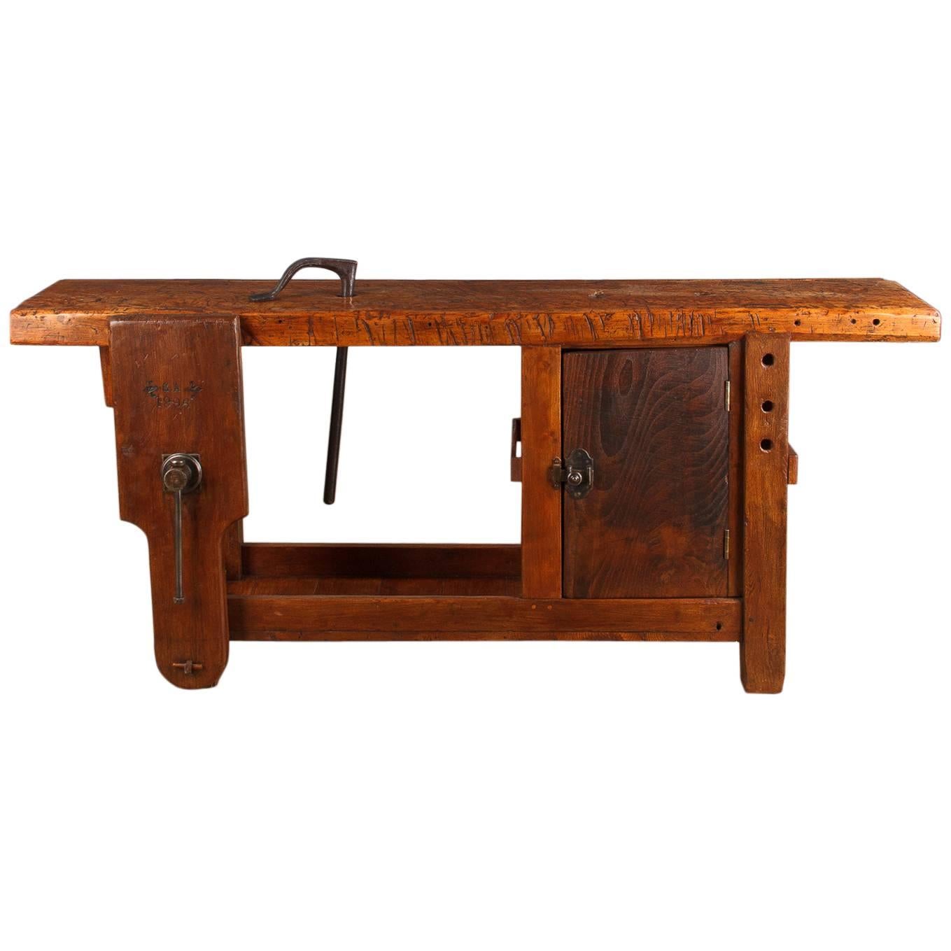 French Industrial Elm Carpenter's Workbench, Dated 1906