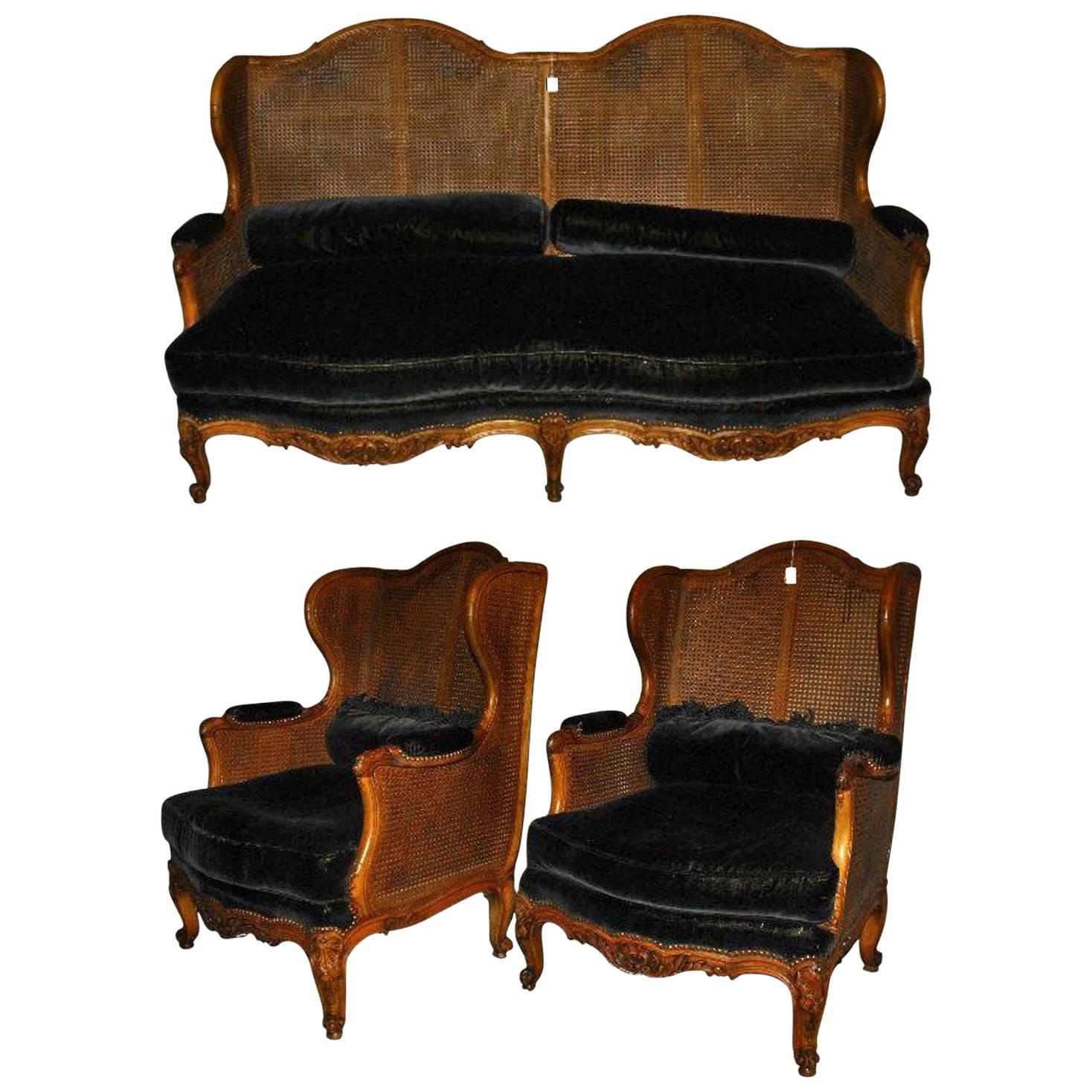 19th Century Three-Piece Provincial Louis XV Double Cane Salon Set For Sale