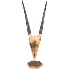 Mid-Century Abstracted Antelope Skull in Brass with Glass Horns