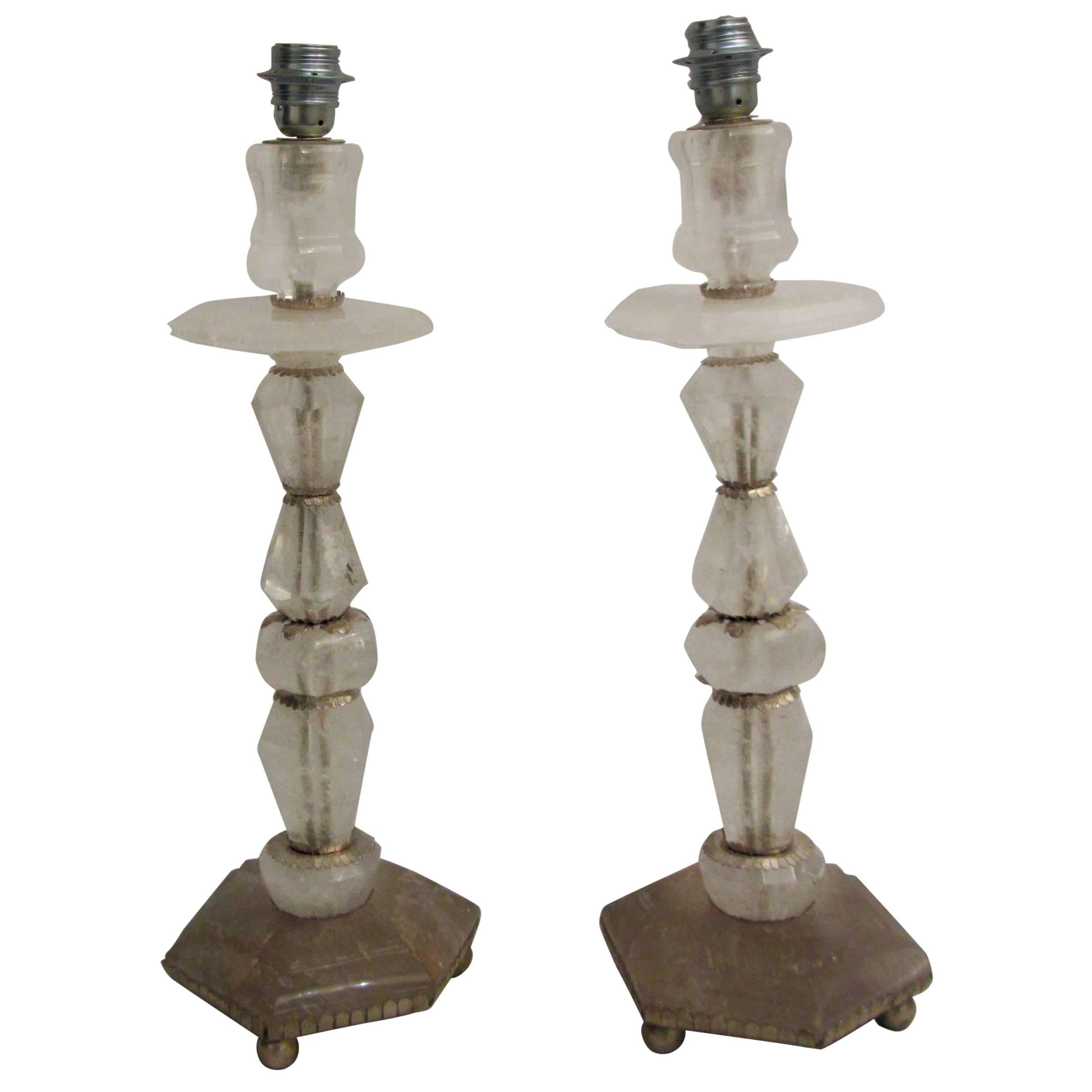 Large Pair of Solid Rock Crystal Candlestick Lamps For Sale