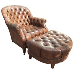Antique English Leather Chesterfield Club Chair and Ottoman
