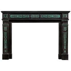 French Regency Style Belgian Black Marble and Malachite Antique Fireplace