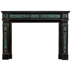 French Regency Style Belgian Black Marble and Malachite Antique Fireplace