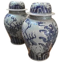 Vintage Large Pair of Chinese Export Blue and White Jars