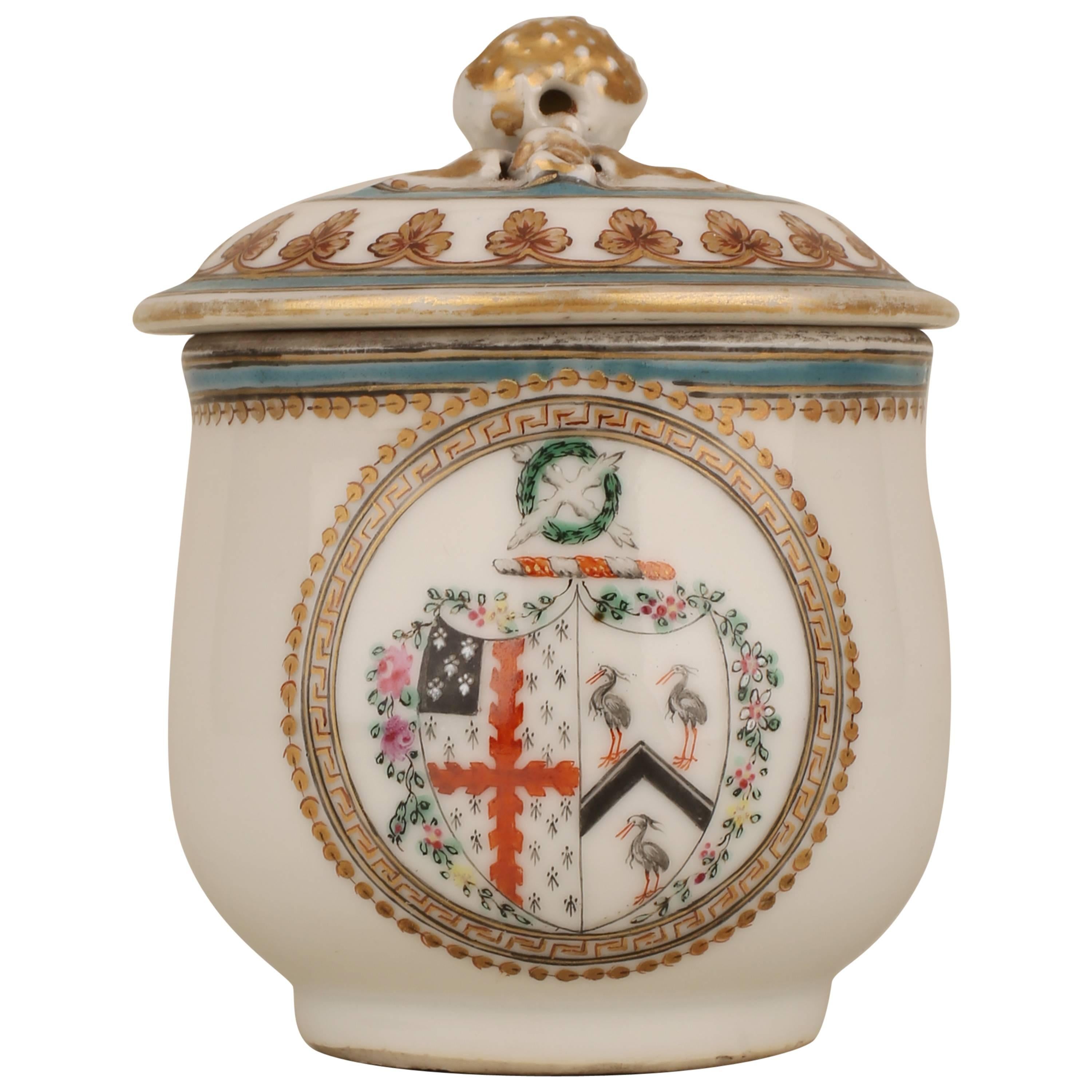 Chinese Porcelain Slightly Bulbous Form Armorial Cup and Cover, 18th Century For Sale