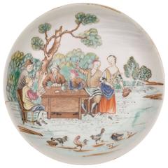 Antique Chinese Export Porcelain Famille Rose Saucer 'Card Players, ' 18th Century