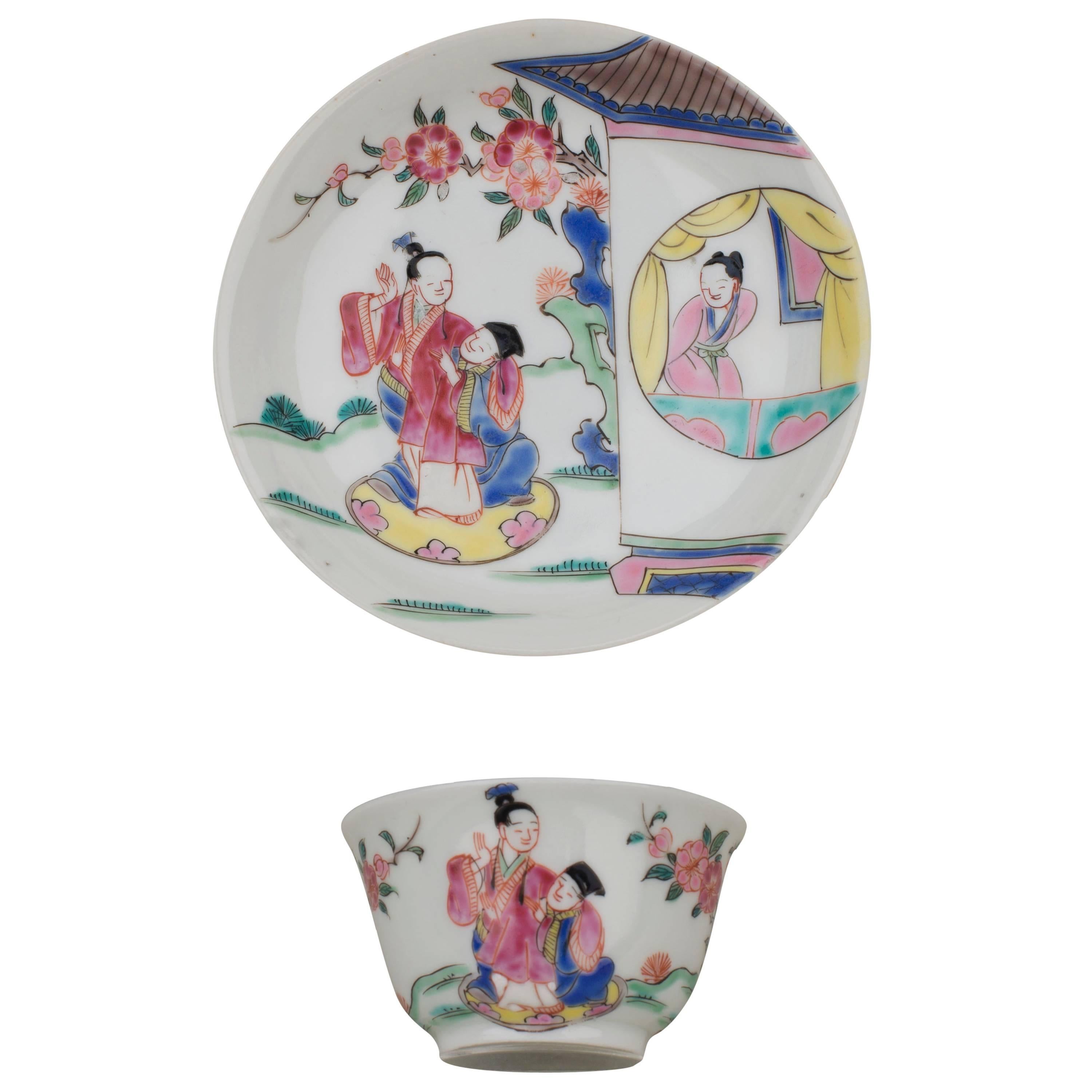 Chinese Porcelain Semi-Eggshell Famille Rose Cup and Saucer, 18th Century For Sale