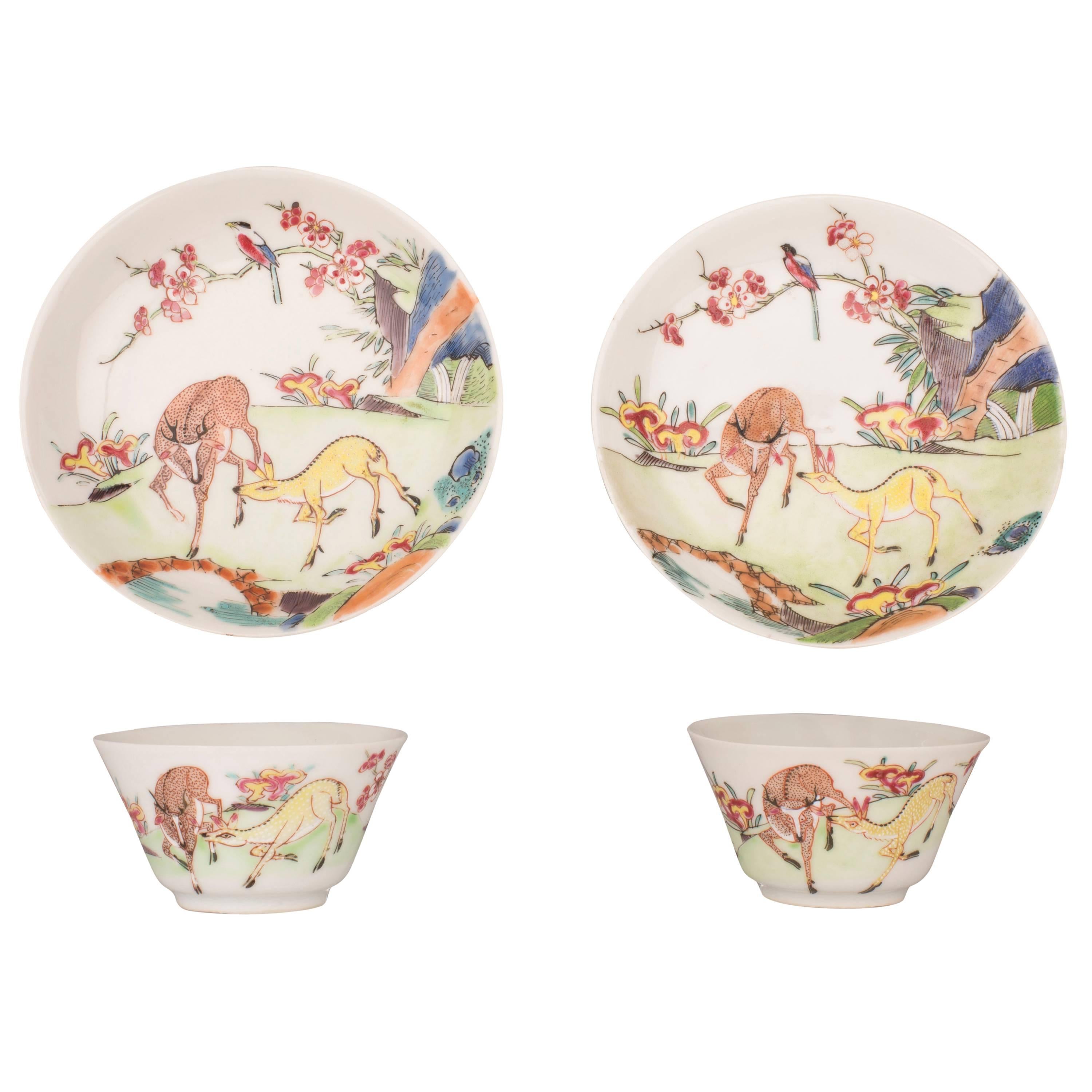 Pair of Chinese Porcelain Famille Rose Cups and Saucers, 18th Century For Sale