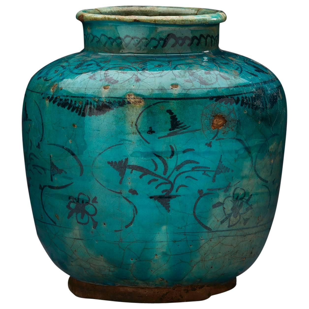 Large Antique Middle Eastern Kashan Turquoise Vase, Pre-1800