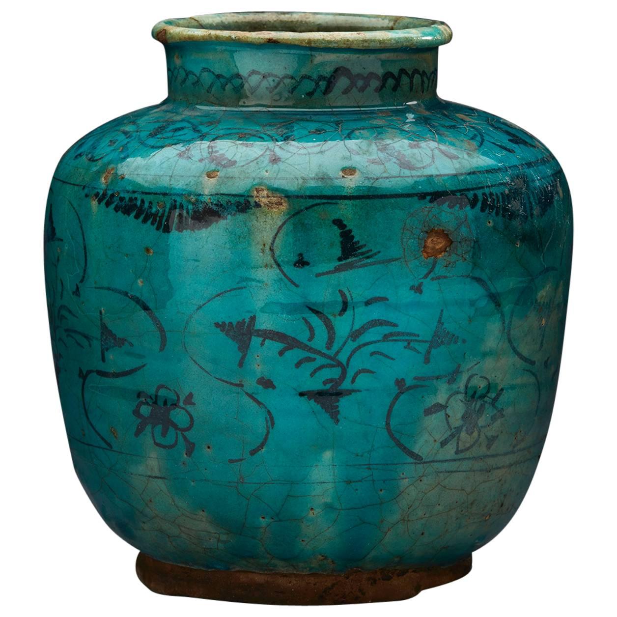 Large Antique Middle Eastern Kashan Turquoise Vase, Pre-1800