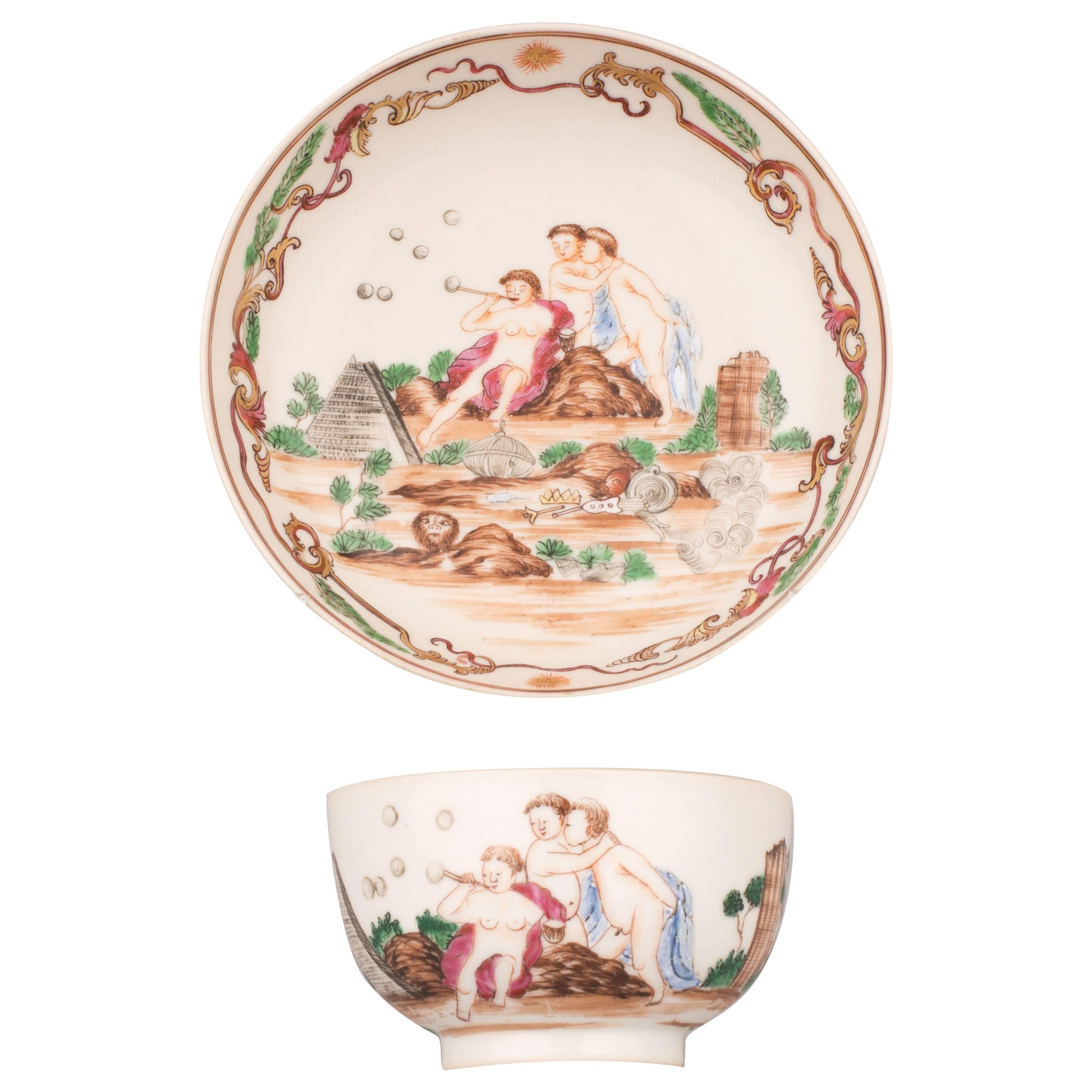Chinese Export Porcelain Famille Rose Tea Bowl and Saucer, 18th Century For Sale