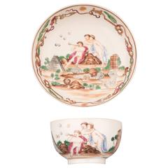 Antique Chinese Export Porcelain Famille Rose Tea Bowl and Saucer, 18th Century