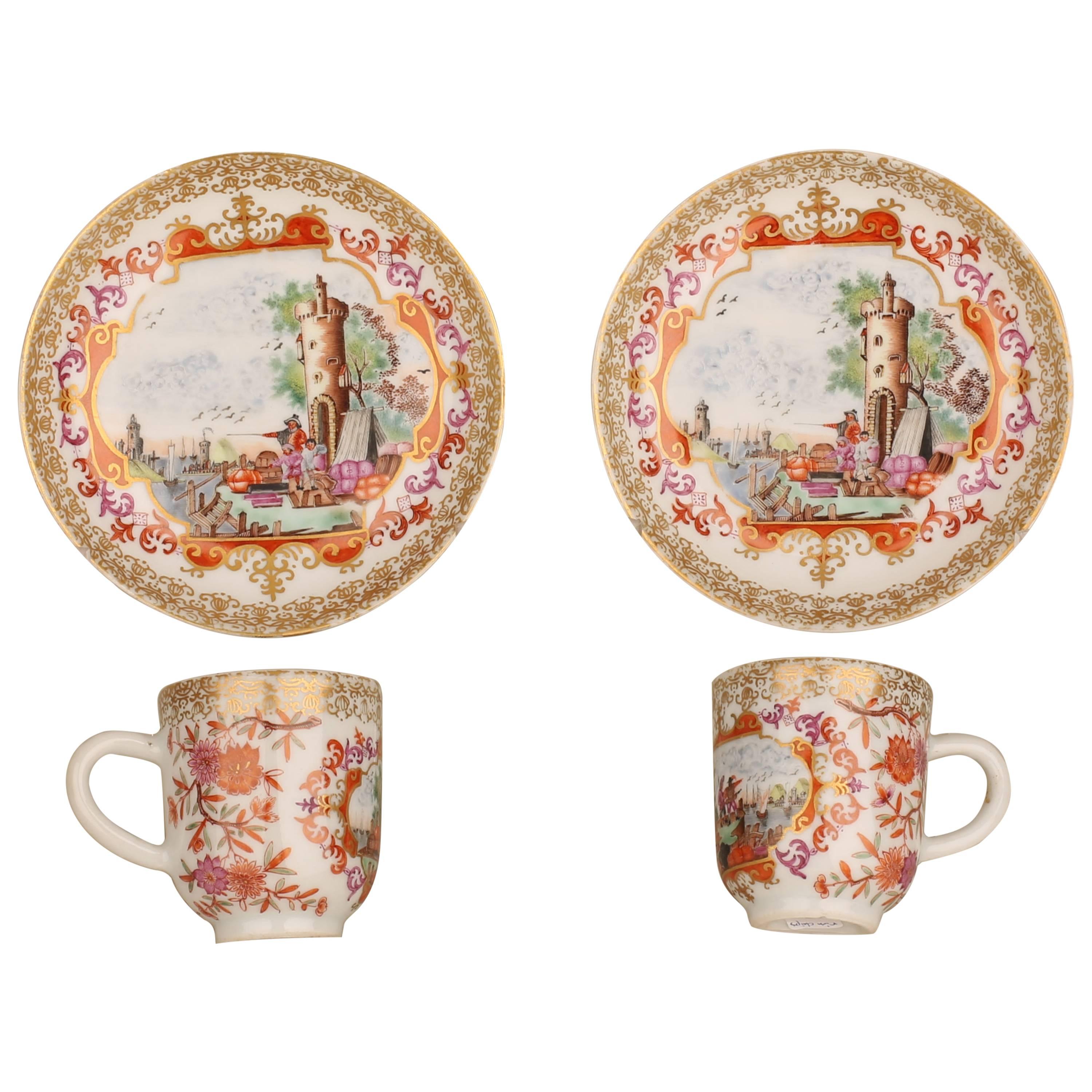 Pair Chinese Export Porcelain European Subject Cups and Saucers, 18th Century For Sale