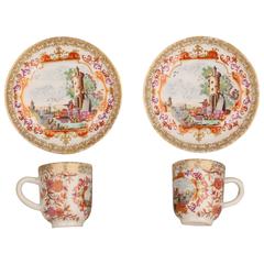 Antique Pair Chinese Export Porcelain European Subject Cups and Saucers, 18th Century
