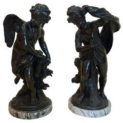Cherub and Maiden Pair of French Bronze Figures