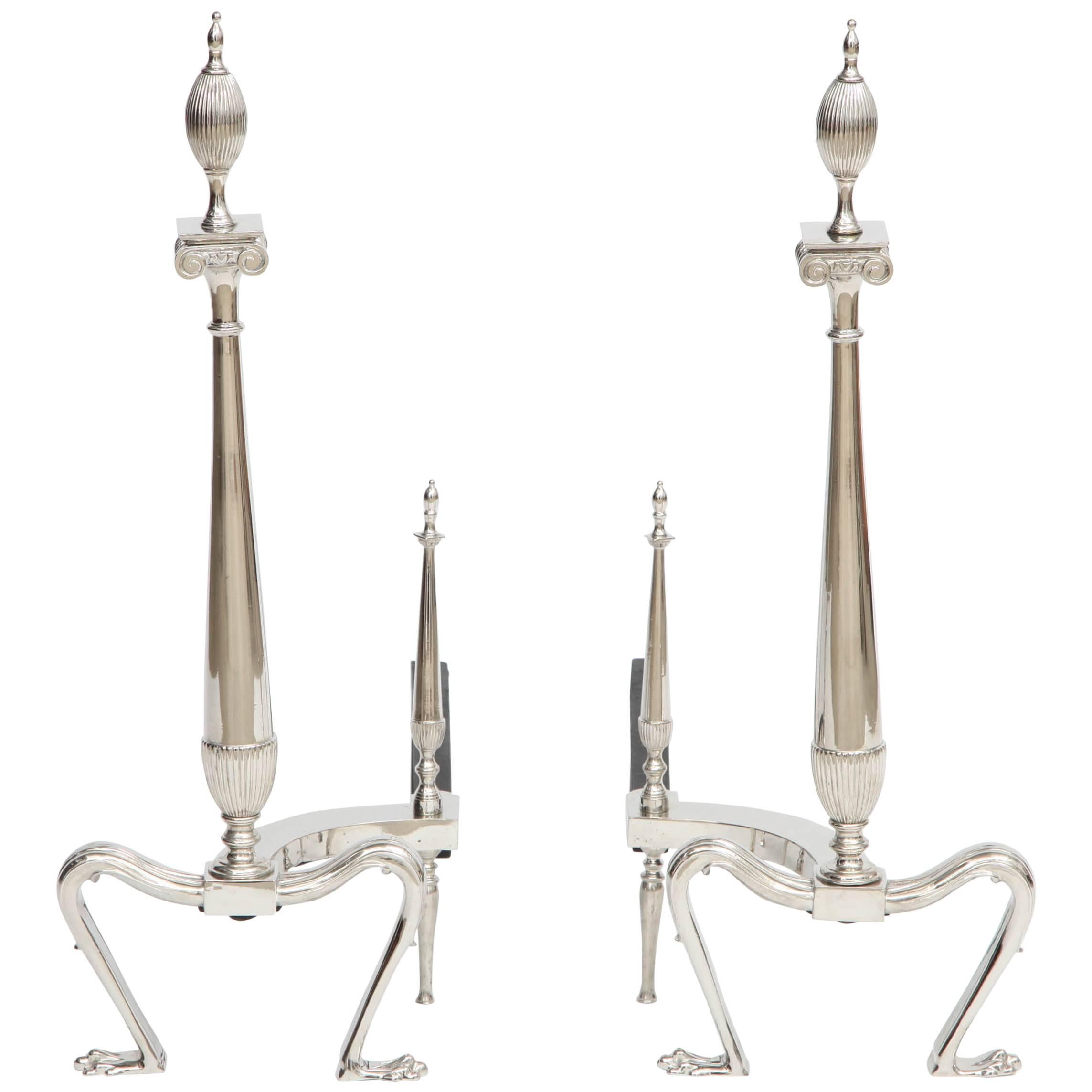 Art Deco Andirons with Fluted Finials For Sale