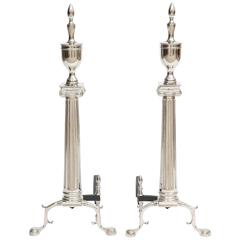 Pair of Art Deco Ionic Column Andirons with Urn Finials