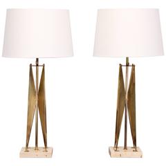 Pair of Gerald Thurston Style Brass and Travertine Marble Lamps, 1970