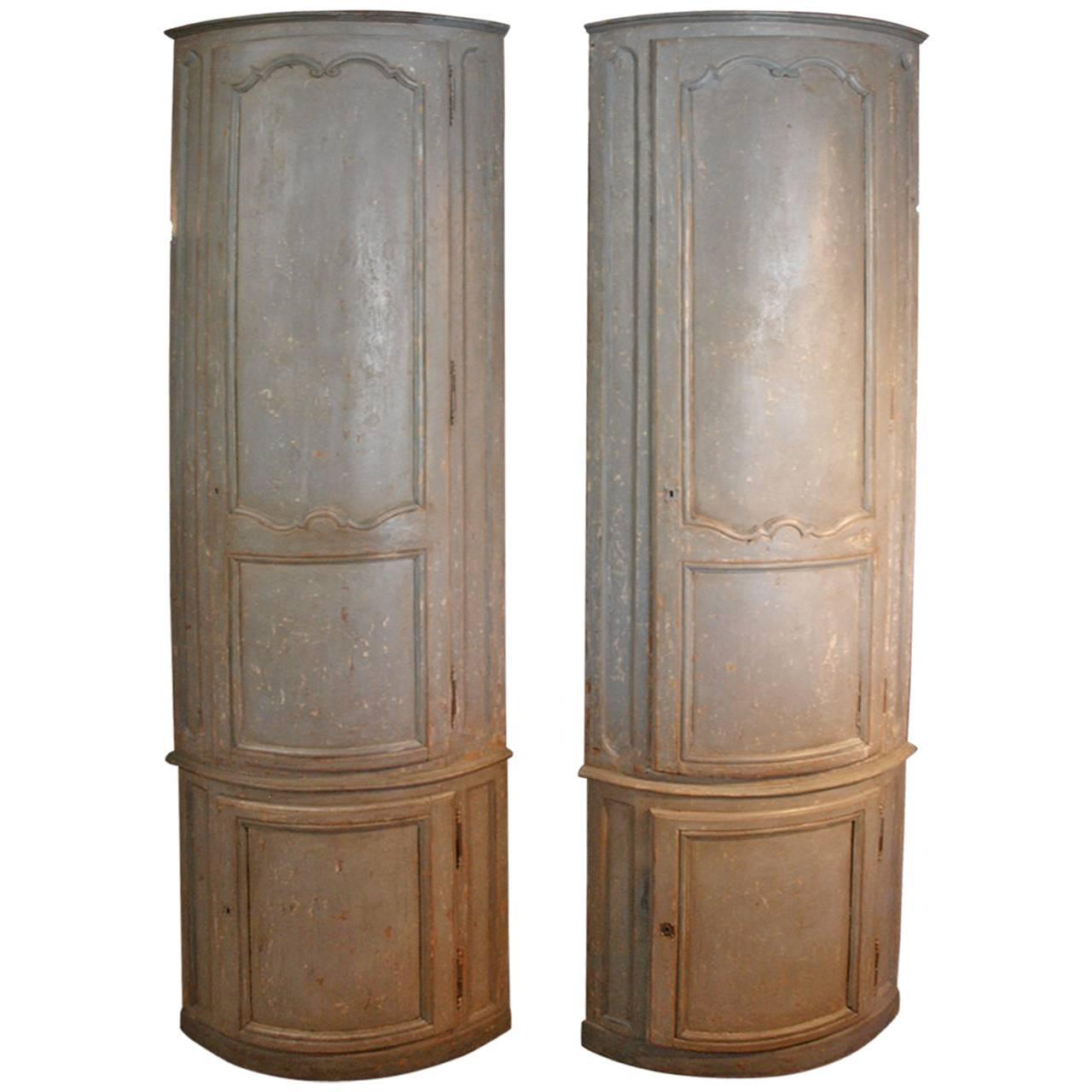 Monumental Pair of French 18th Century Corner Cabinets in Painted Wood