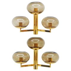 Pair of Brass and Smoke Glass Wall Lights, 1960s