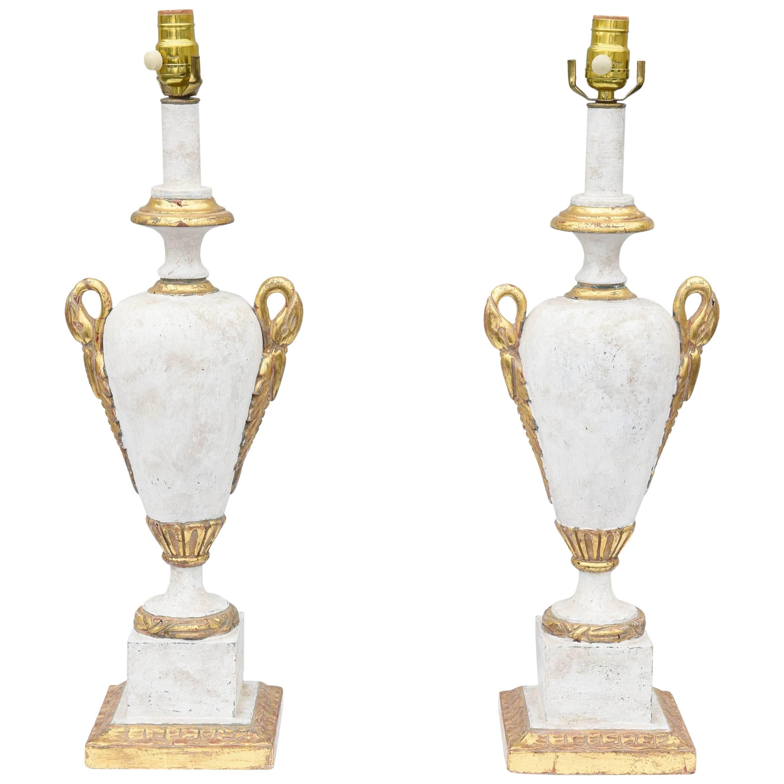 Pair of Gessoed and Parcel Gilt Urn-Form Italian Lamps